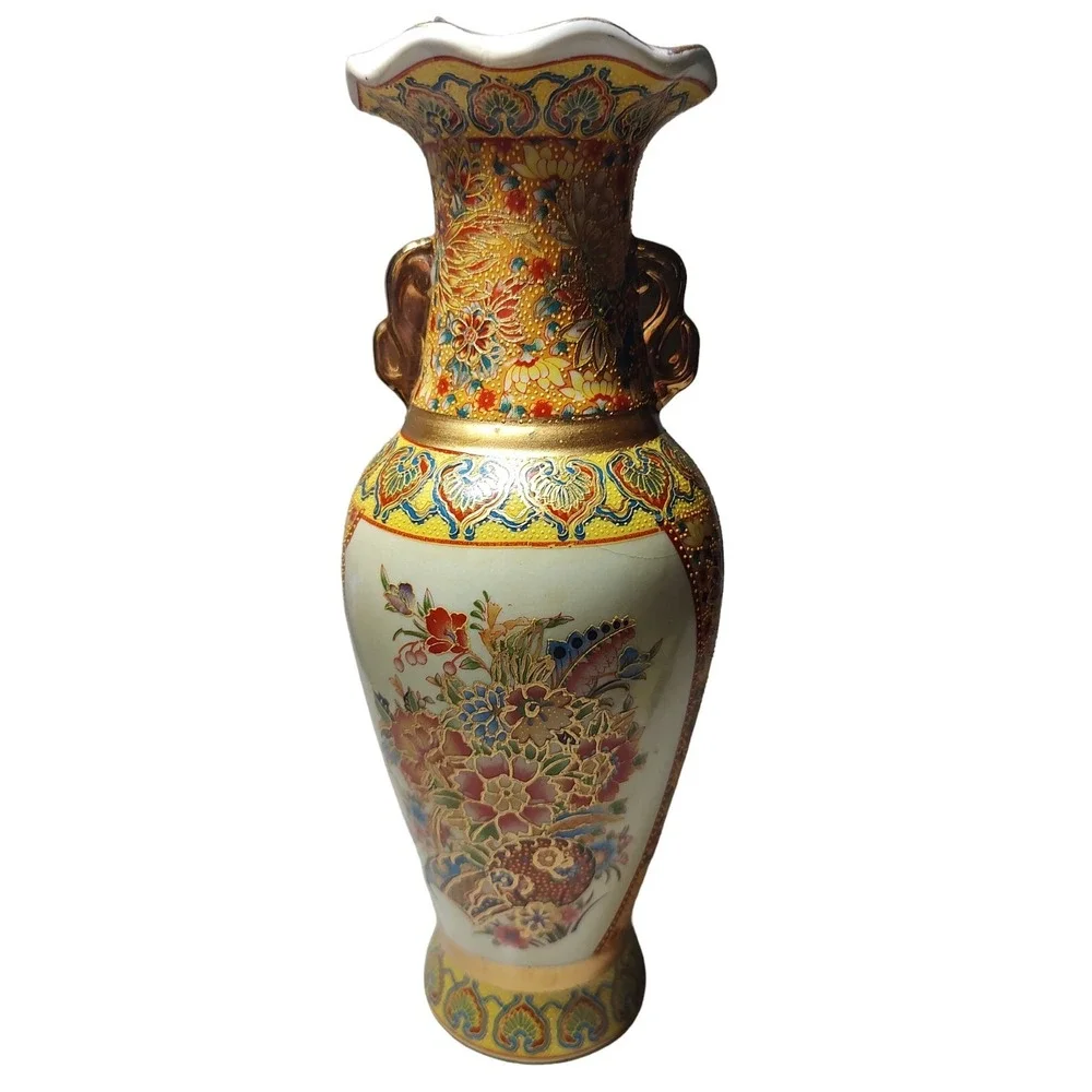 Vintage‎ Japanese Floral Porcelain Vase in Satsuma Style with Detailed Moriage